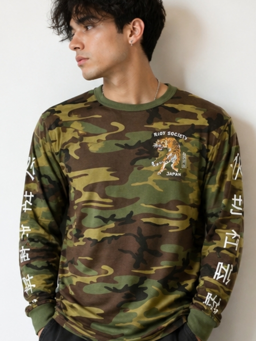 Riot Society Japan Camo Long-Sleeve Tee - Green Tiger Graphic - Picture 2 of 6